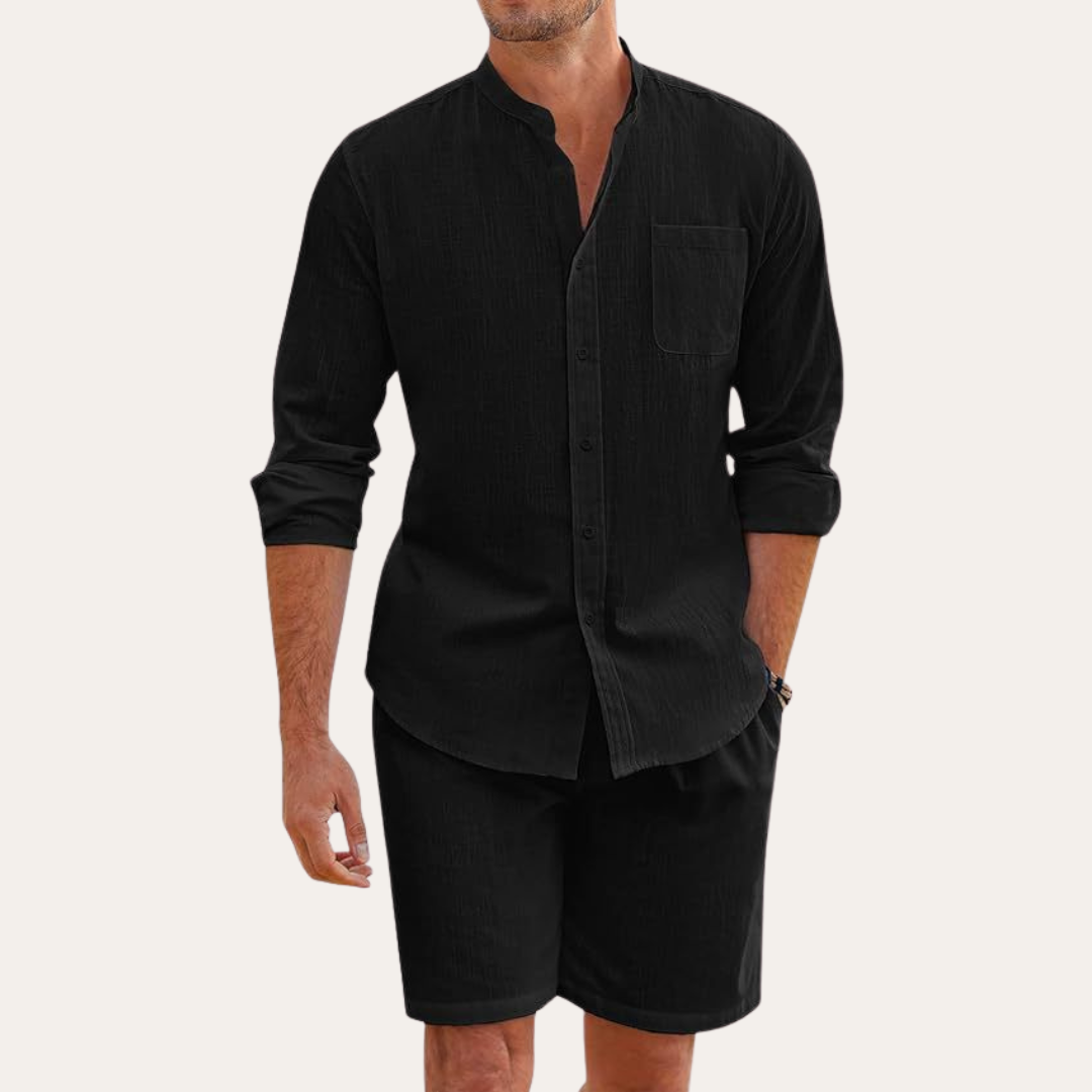 Ensemble homme été chemise manches longues short col mao coupe décontractée