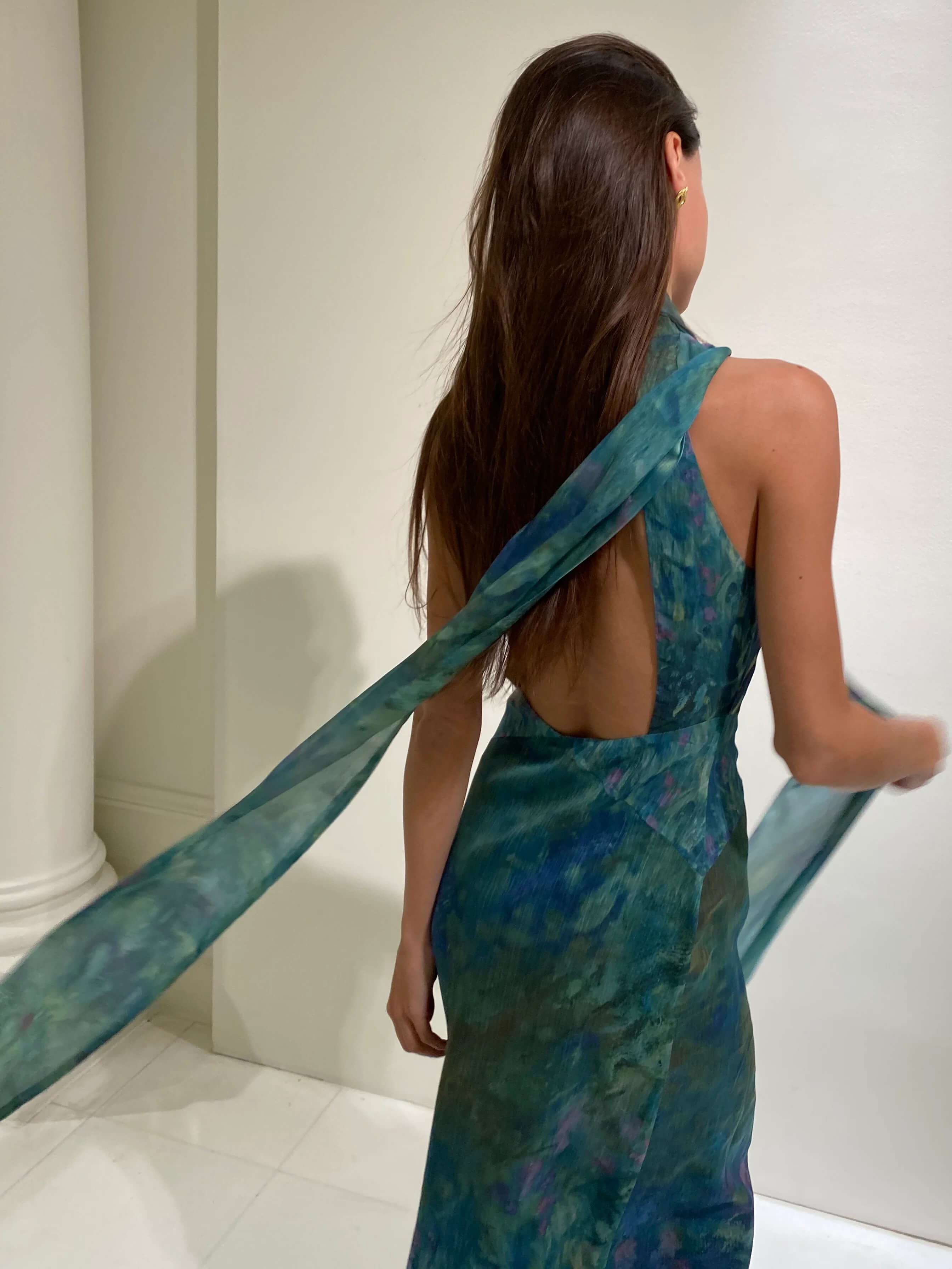 Robe longue femme col halter sans manches coupe ajustée imprimé floral