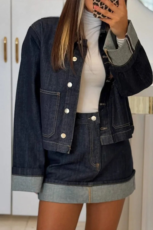Ensemble femme jean veste courte boutonnée jupe short taille haute coupe droite