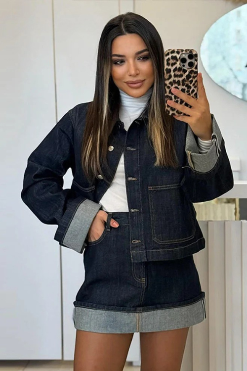 Ensemble femme jean veste courte boutonnée jupe short taille haute coupe droite