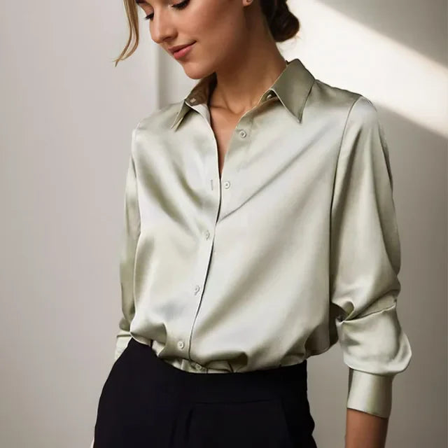 Chemisier femme satin manches longues boutonné col chemise bureau élégant