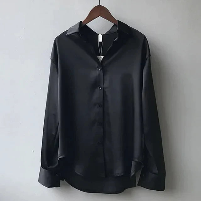 Chemisier femme satin manches longues boutonné col chemise bureau élégant