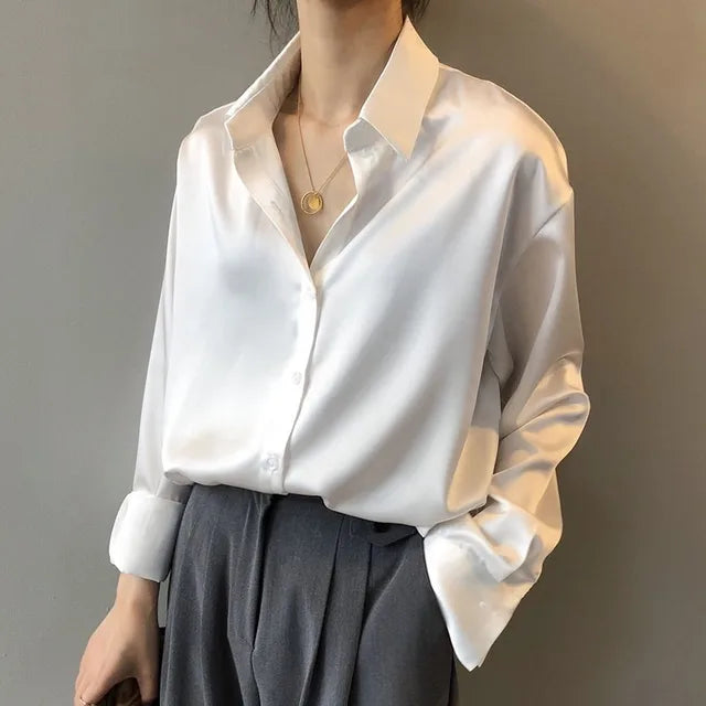 Chemisier femme satin manches longues boutonné col chemise bureau élégant