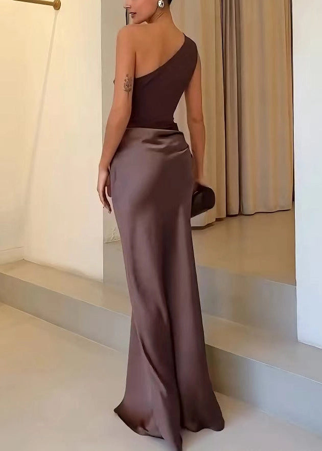 Robe longue femme une épaule asymétrique fente robe soirée