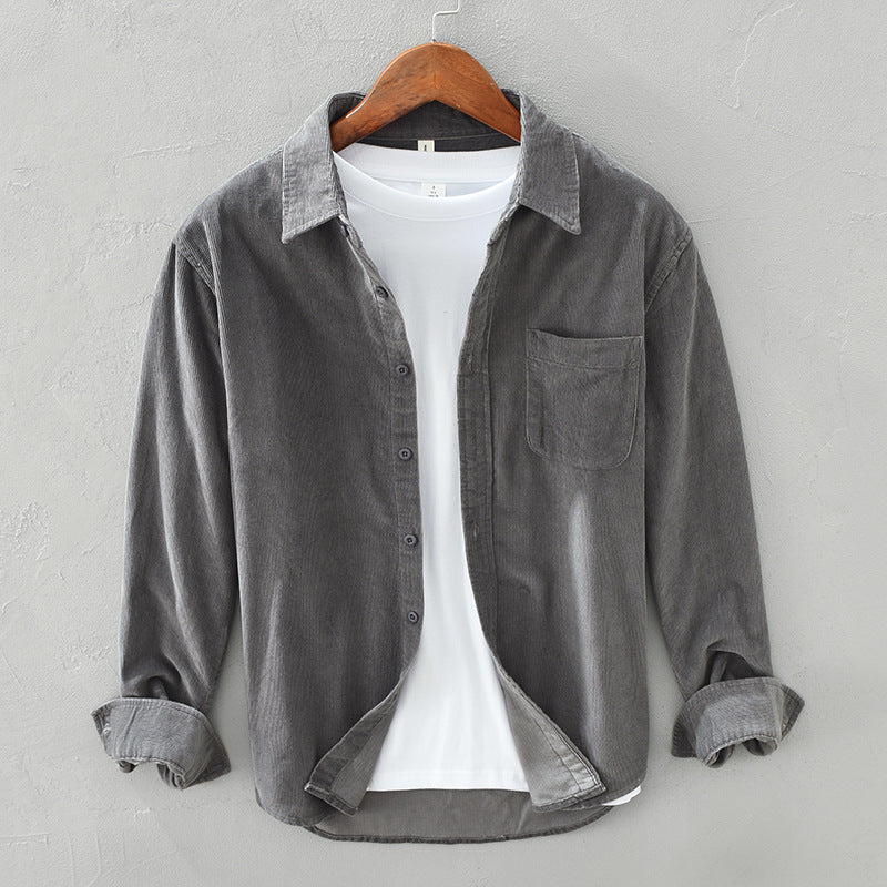 Chemise homme velours côtelé manches longues coupe droite avec poche poitrine