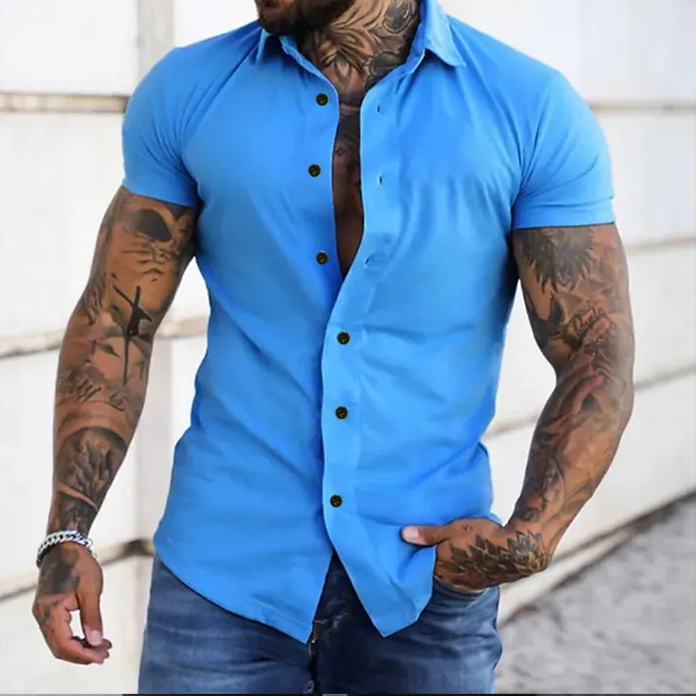 Chemise homme slim fit manches courtes col mao boutonnée coupe ajustée