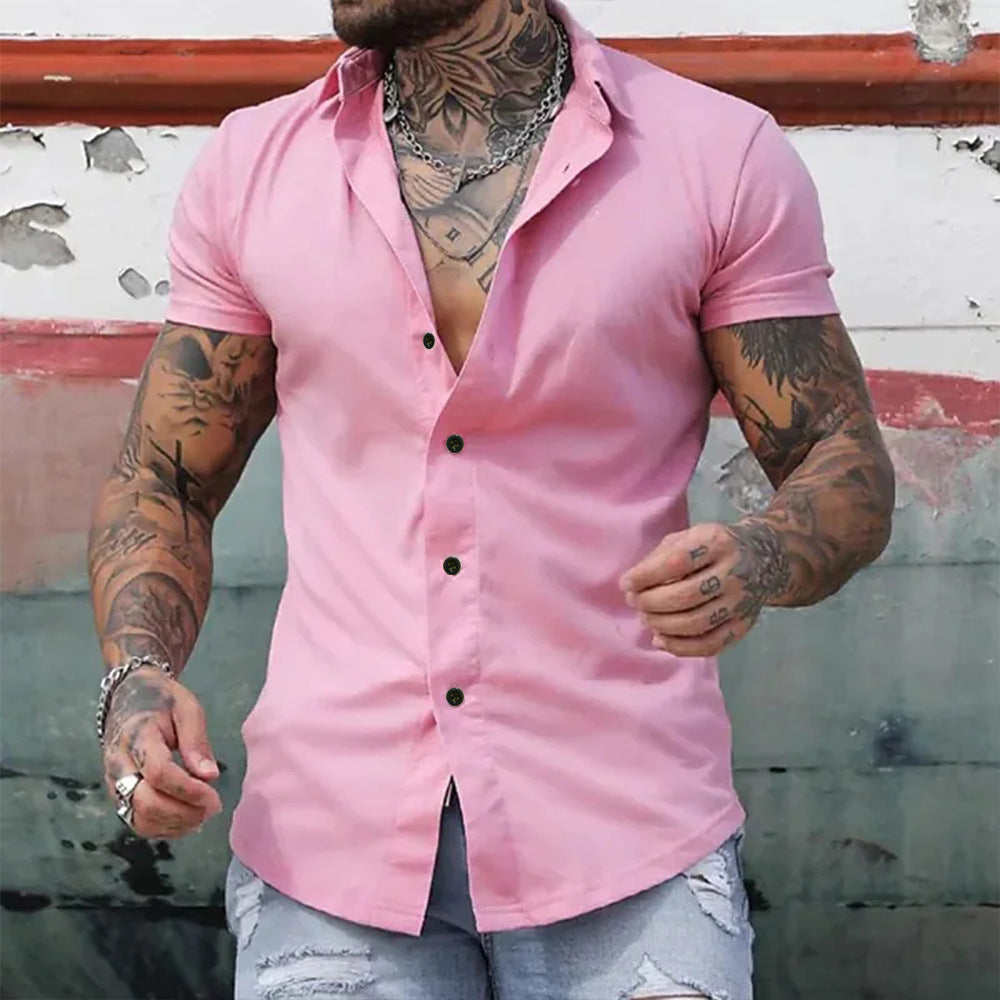 Chemise homme slim fit manches courtes col mao boutonnée coupe ajustée