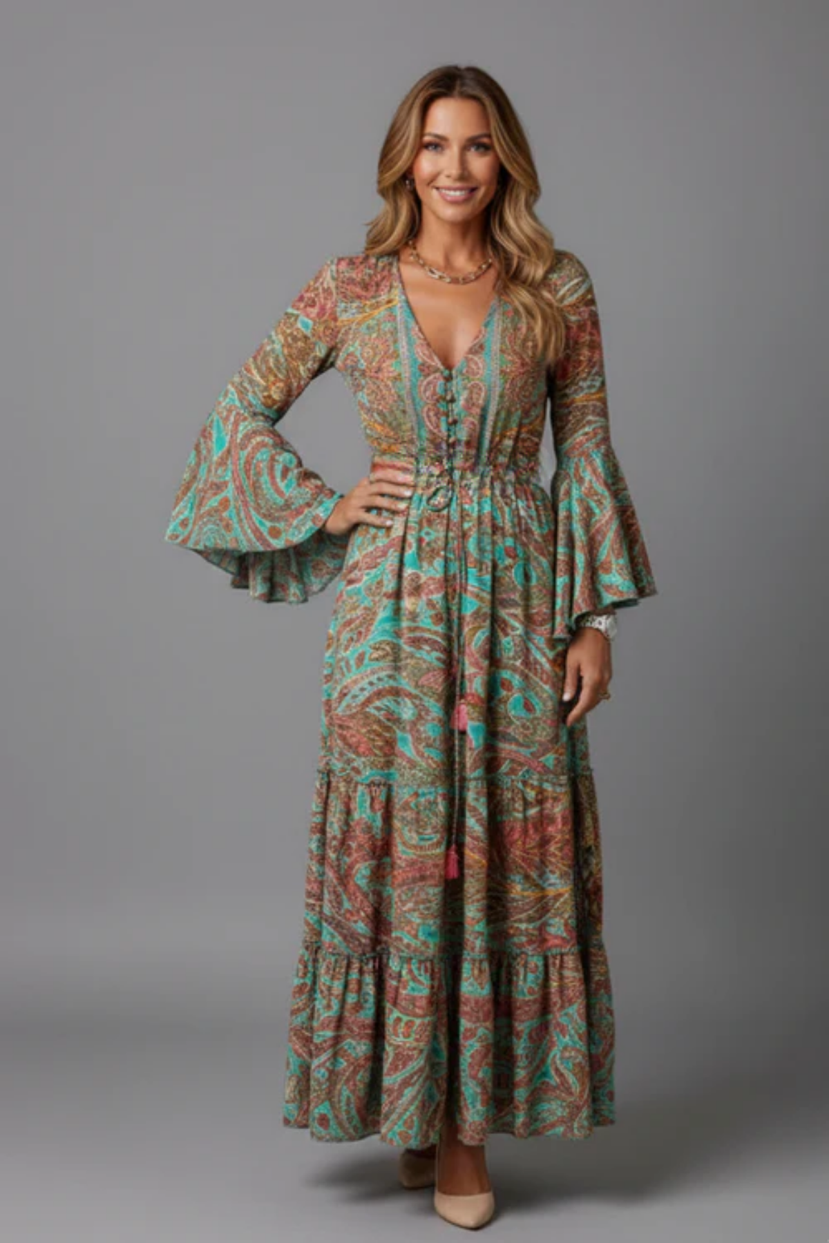 Robe longue bohème femme imprimée col V manches évasées fluide maxi