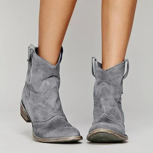 Bottines femme style western talon bas bout rond effet suédine casual