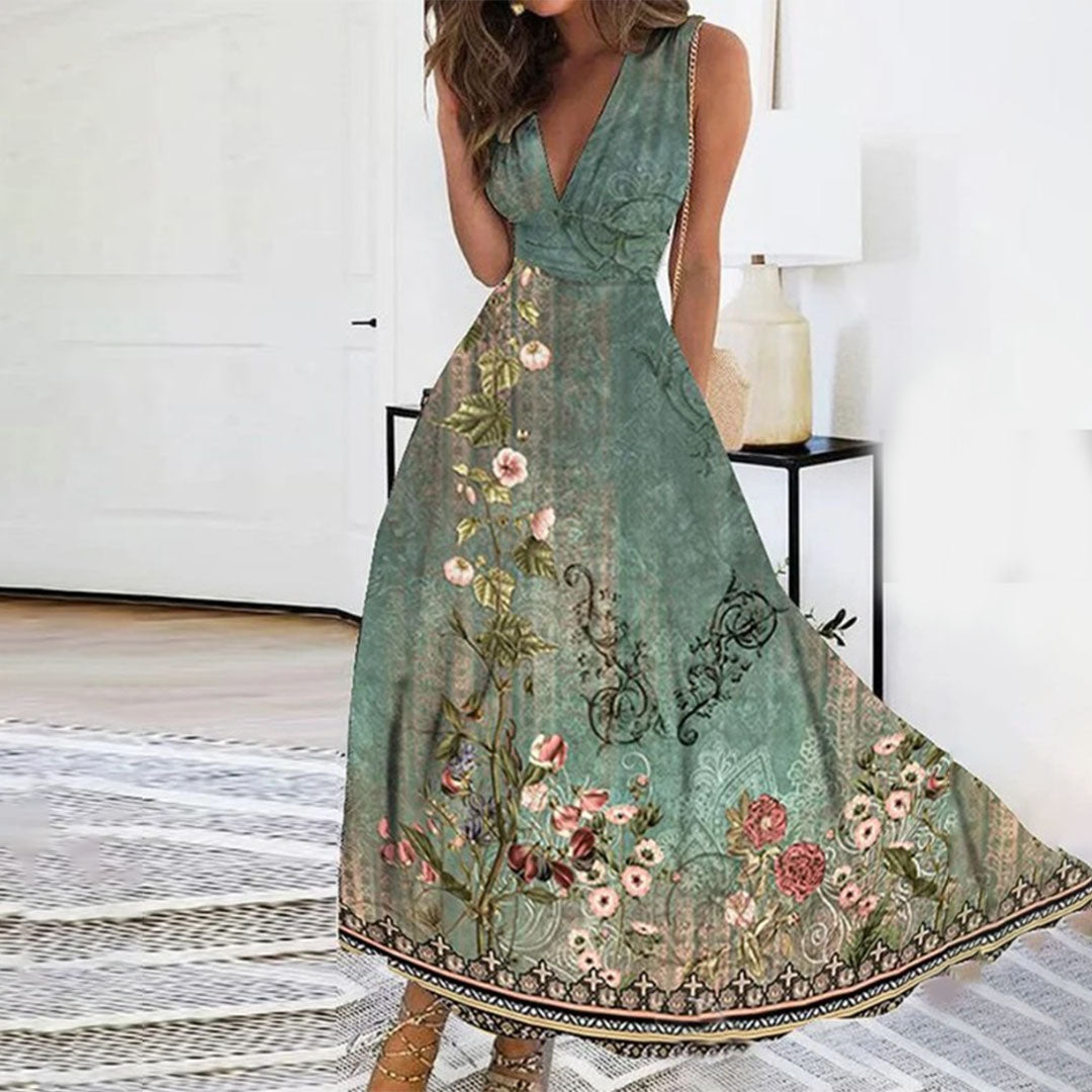 Robe longue femme imprimé floral sans manches col V taille empire