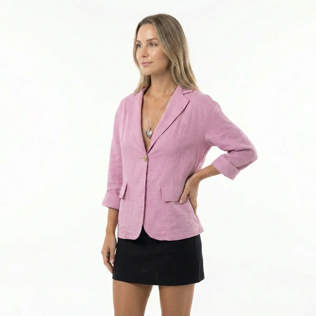 Blazer femme en lin col tailleur manches retroussables coupe décontractée