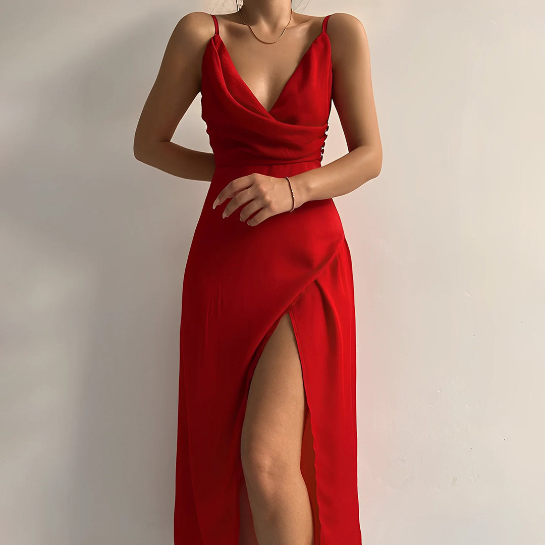 Robe longue femme décolleté croisé bretelles fines fente invitée mariage