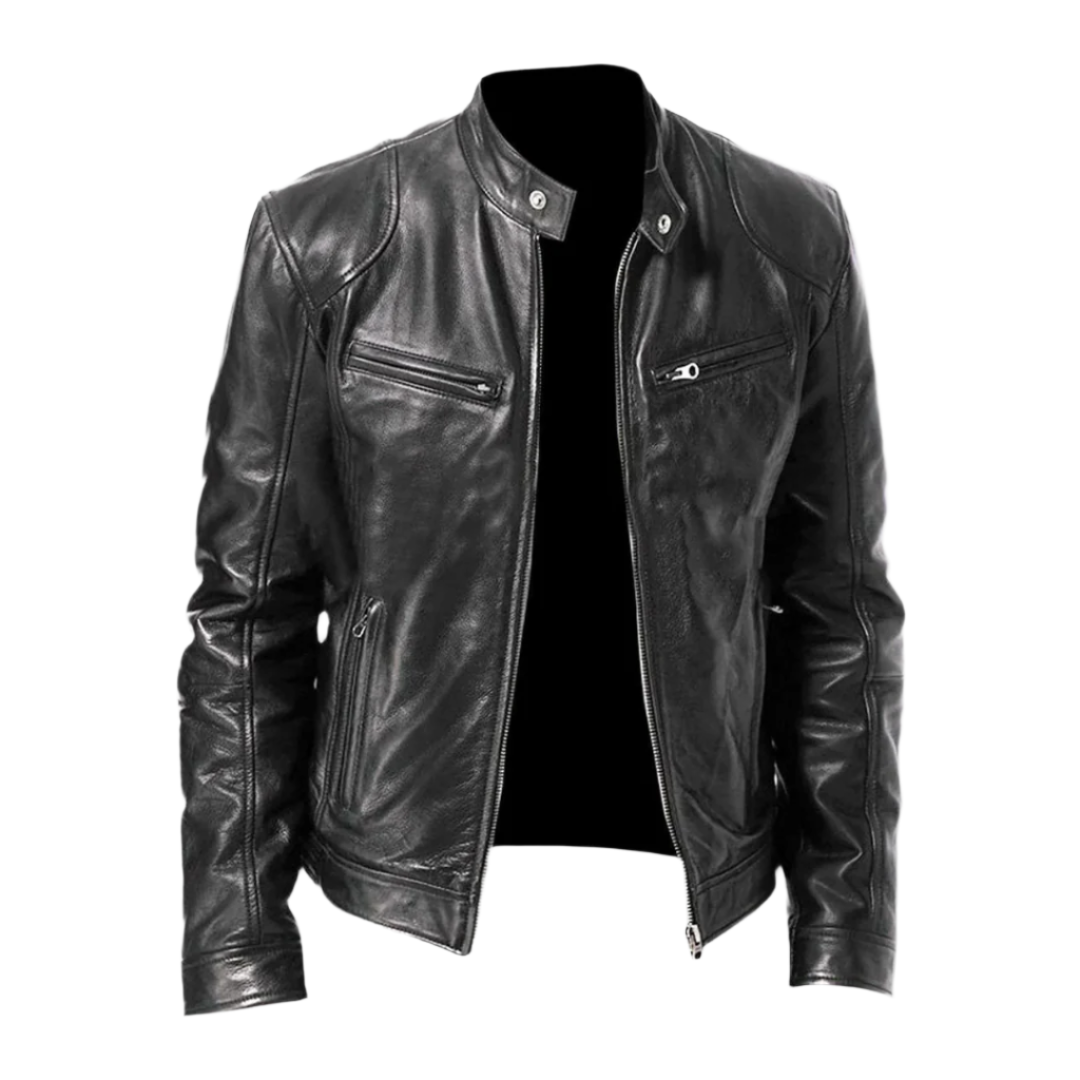 Veste en cuir homme style motard coupe ajustée zippée col montant