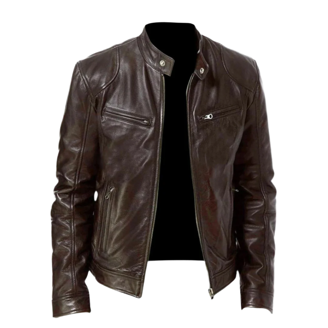 Veste en cuir homme style motard coupe ajustée zippée col montant