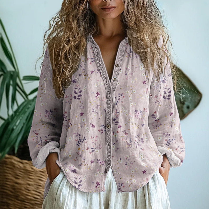Blouse femme imprimée col V manches longues boutonnée style bohème décontracté