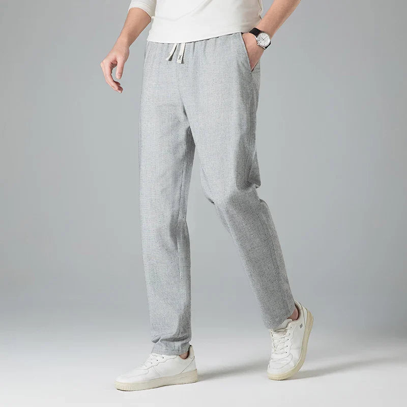 Pantalon homme en lin à cordon de serrage coupe droite taille élastique