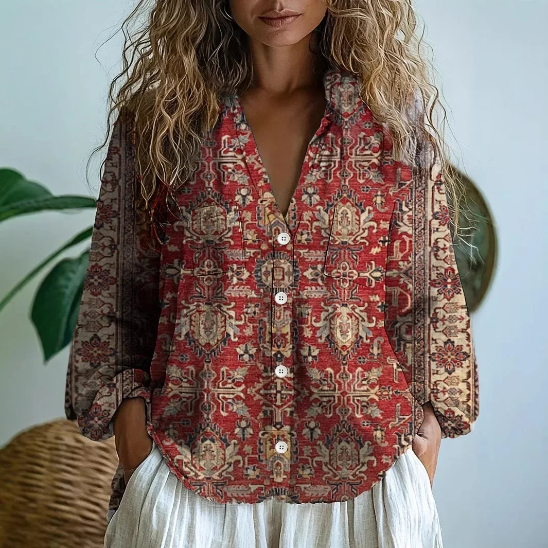 Blouse femme imprimée col V manches longues boutonnée style bohème décontracté