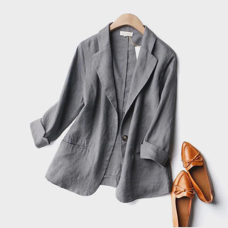 Blazer femme en lin col tailleur manches retroussables coupe droite légère