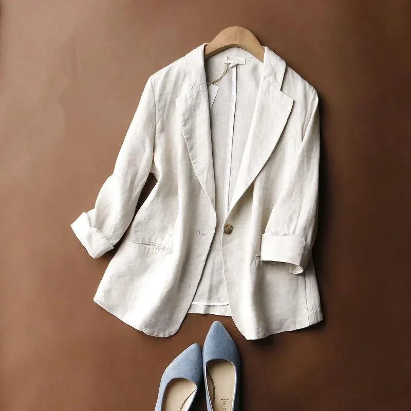Blazer femme en lin col tailleur manches retroussables coupe droite légère
