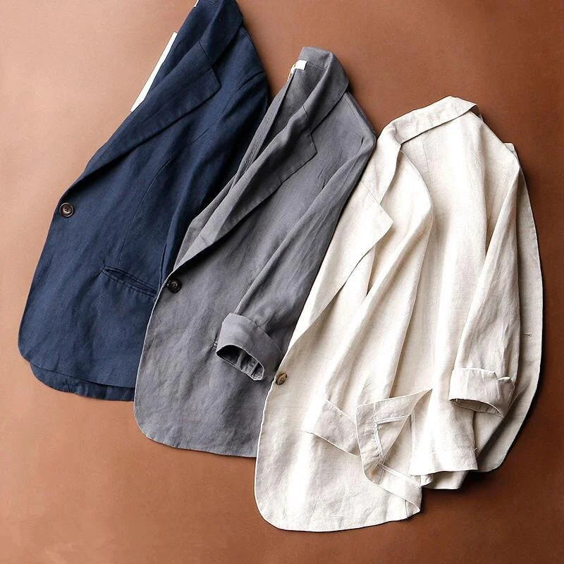 Blazer femme en lin col tailleur manches retroussables coupe droite légère