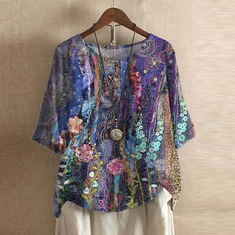 Blouse femme imprimée fleurie manches 3/4 col rond style vintage ample