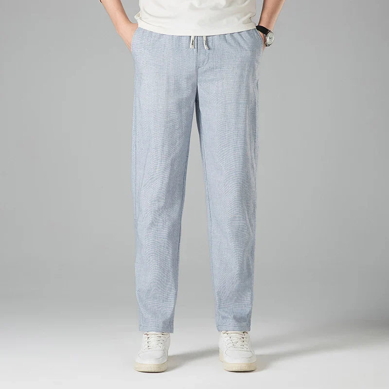 Pantalon homme en lin à cordon de serrage coupe droite taille élastique