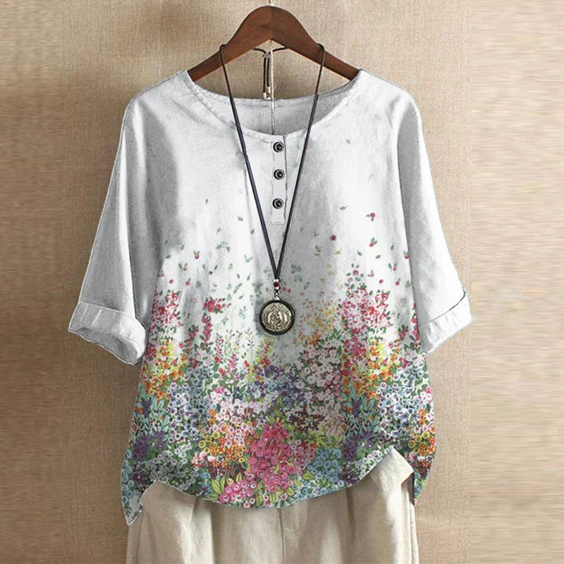 Blouse femme imprimée fleurie manches 3/4 col rond style vintage ample