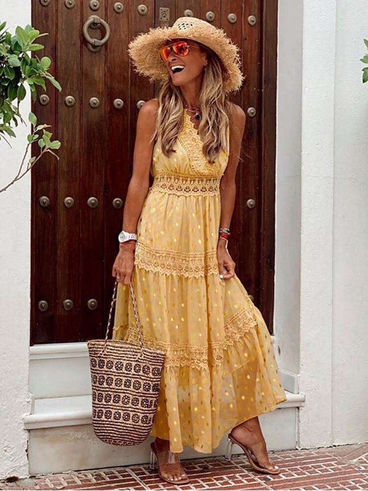 Robe longue femme col V sans manches dentelle style bohème été