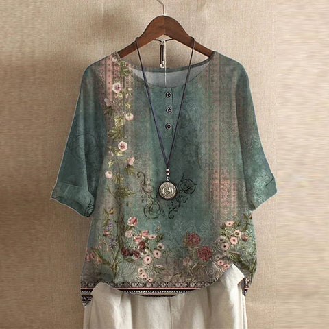 Blouse femme imprimée fleurie manches 3/4 col rond style vintage ample