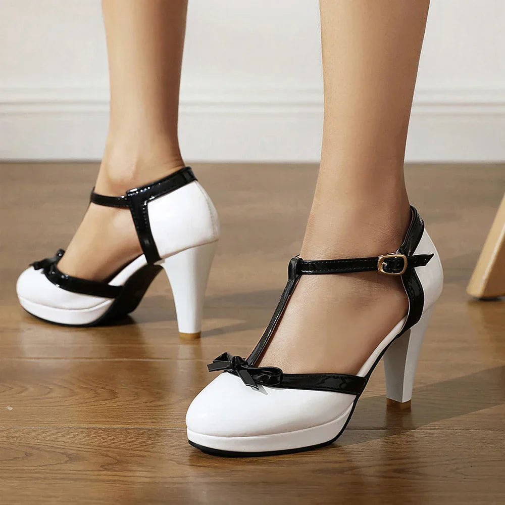 Escarpins femme à talons bride T bride cheville bout rond fermeture boucle