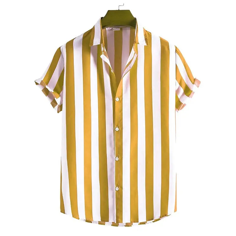 Chemise homme manches courtes rayée coupe ajustée col italien boutonnée