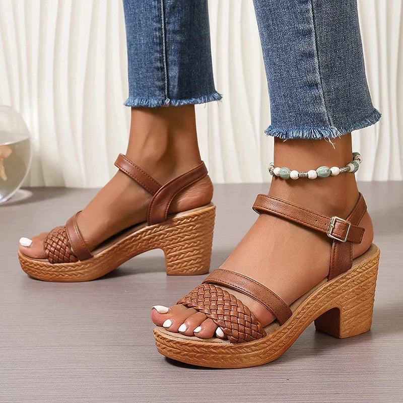 Sandales femme talon bloc bride cheville tressées plateforme confort été