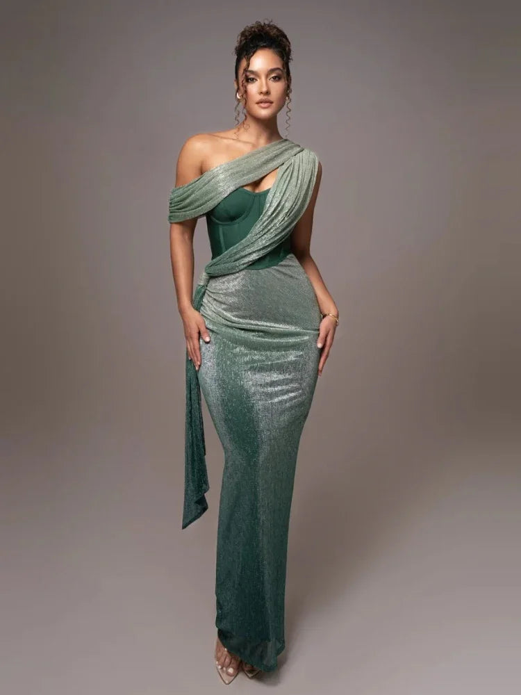 Robe de soirée longue femme moulante asymétrique drapée effet brillant corset