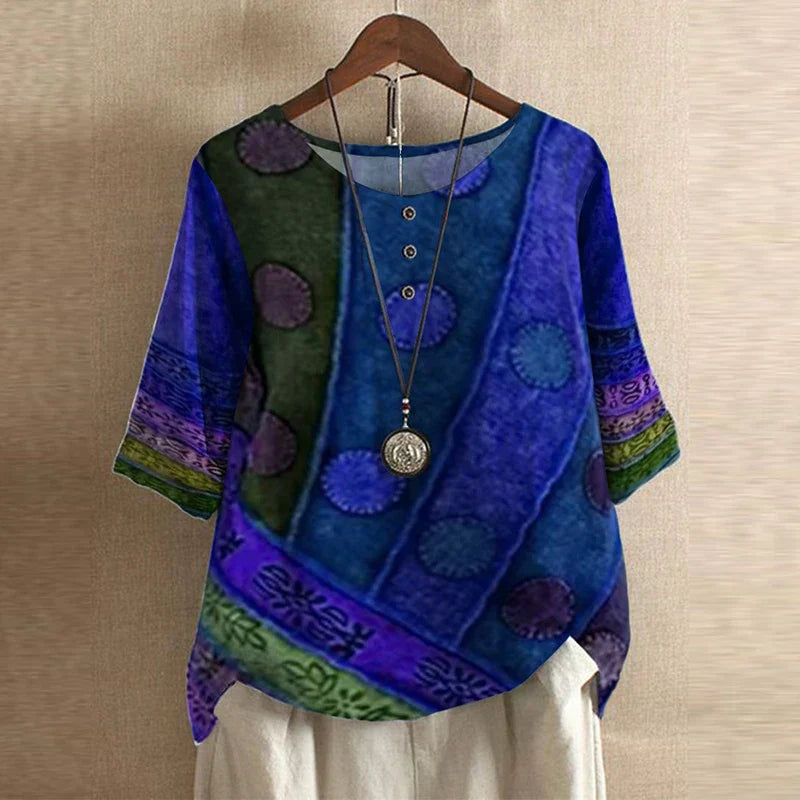 Blouse femme imprimée fleurie manches 3/4 col rond style vintage ample