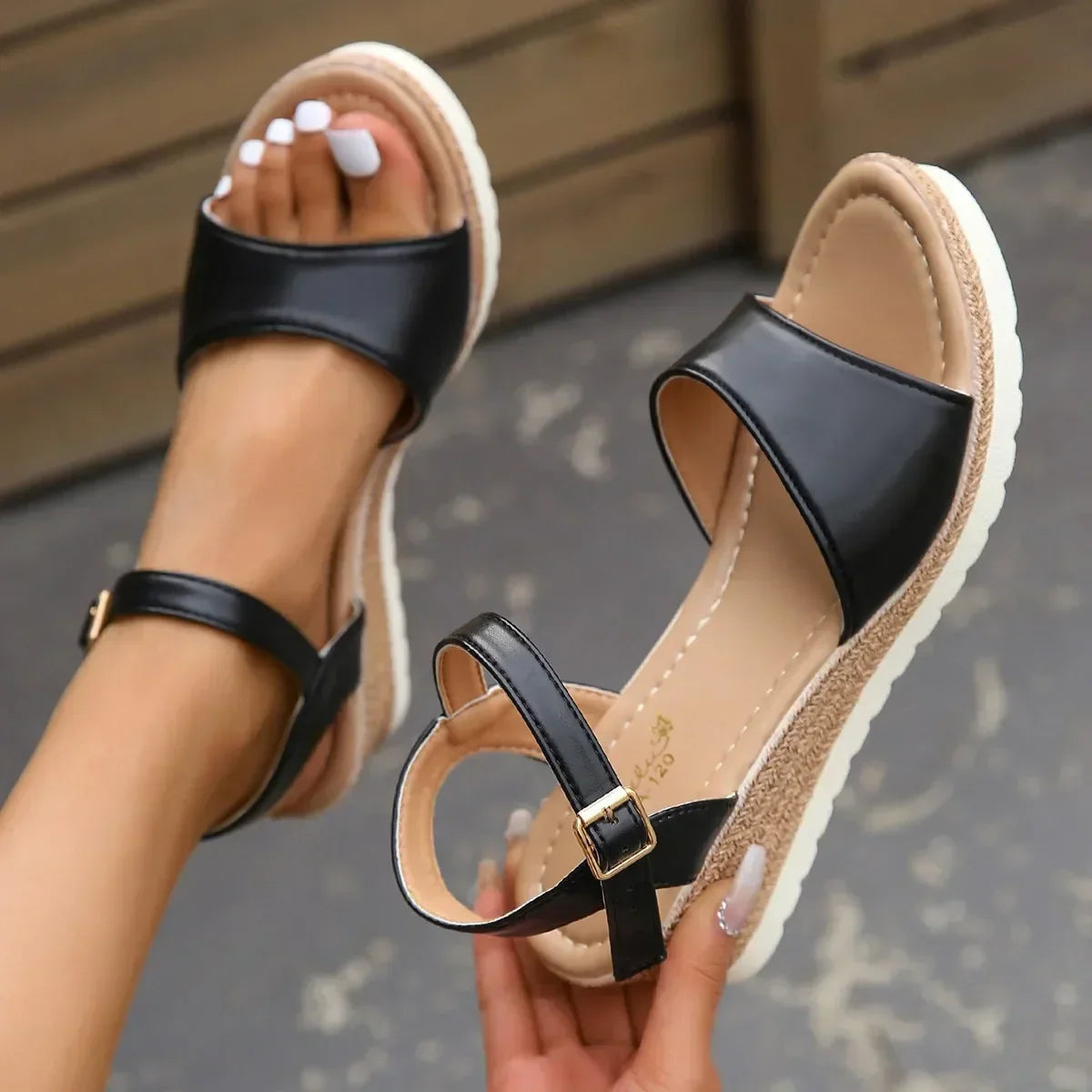 Sandales compensées femme bride cheville plateforme semelle corde ouvertes