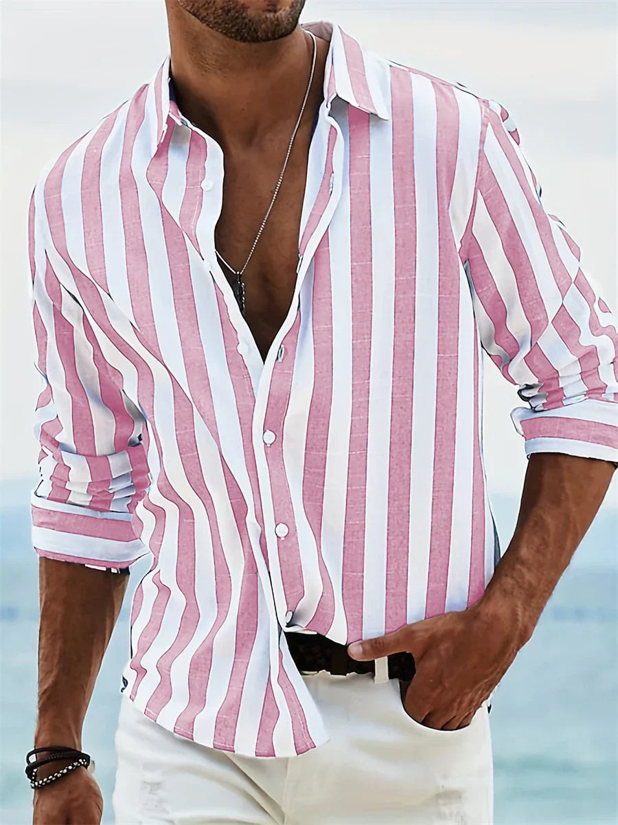 Chemise homme rayée en lin mélangé coupe décontractée manches longues été casual