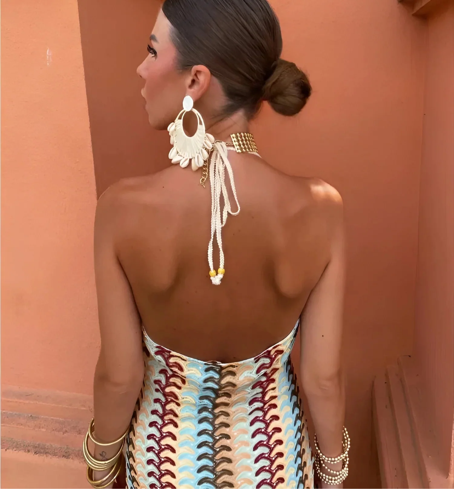 Robe longue bohème femme dos nu col halter imprimé coupe moulante été