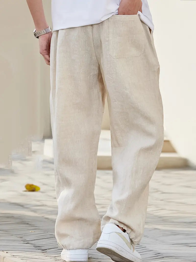 Pantalon homme en lin coupe parachute à cordon style ample été respirant