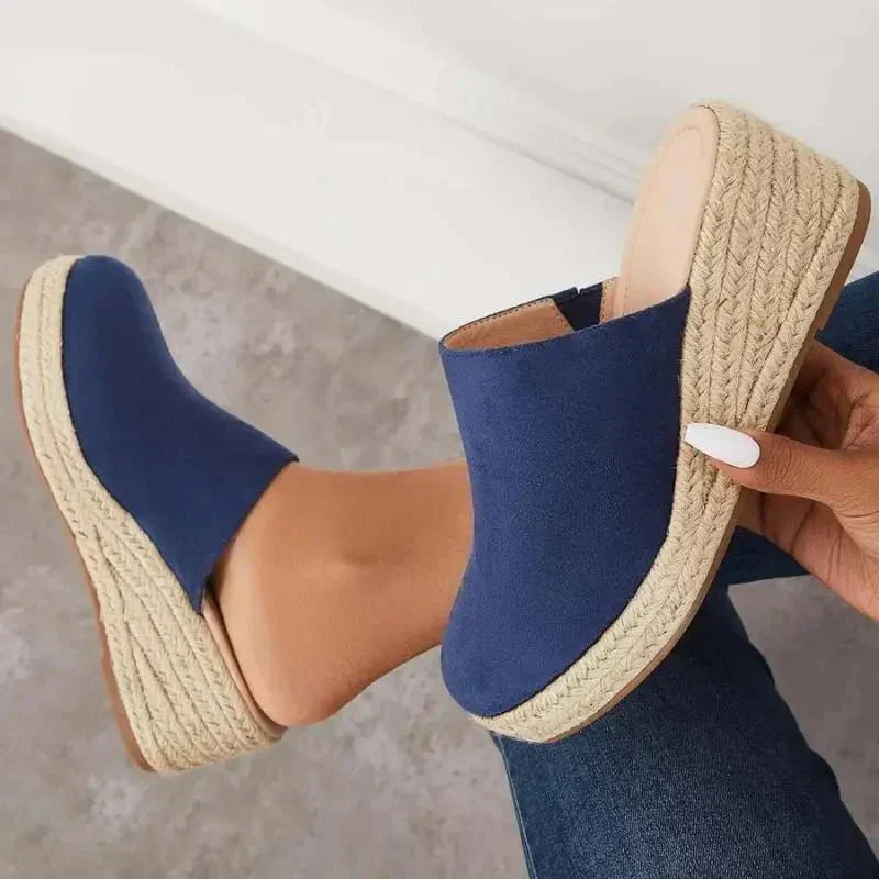 Sandales femme compensées effet daim semelle corde style espadrille