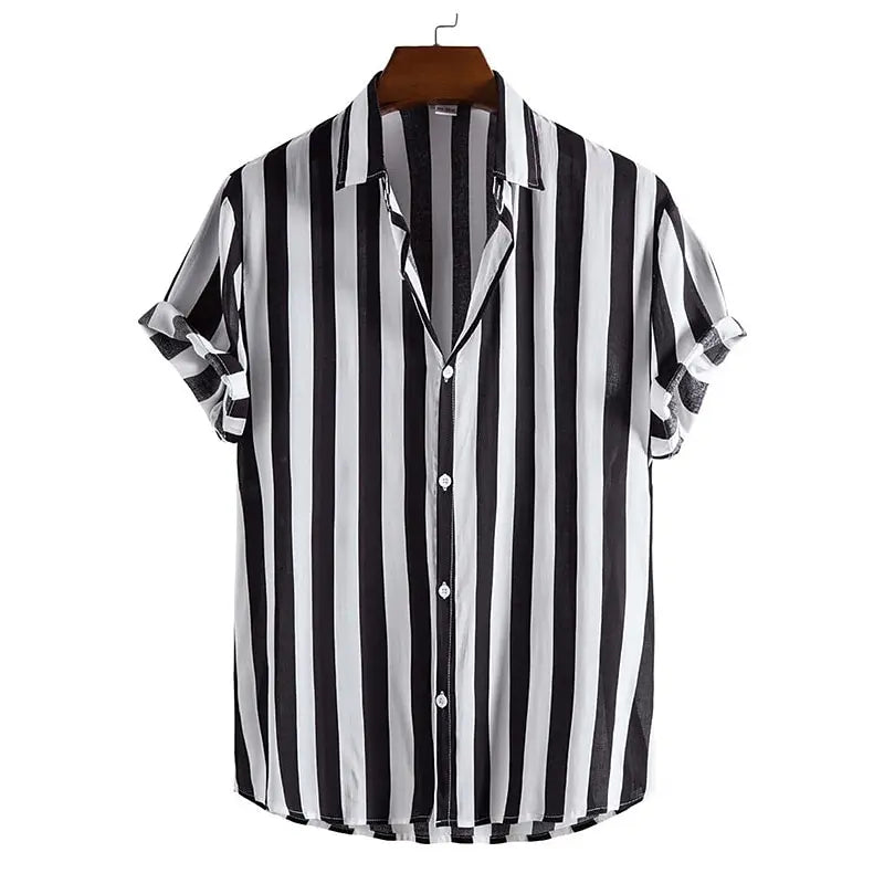Chemise homme manches courtes rayée coupe ajustée col italien boutonnée