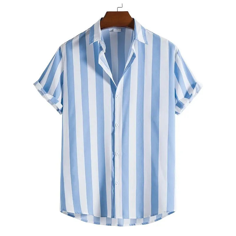 Chemise homme manches courtes rayée coupe ajustée col italien boutonnée