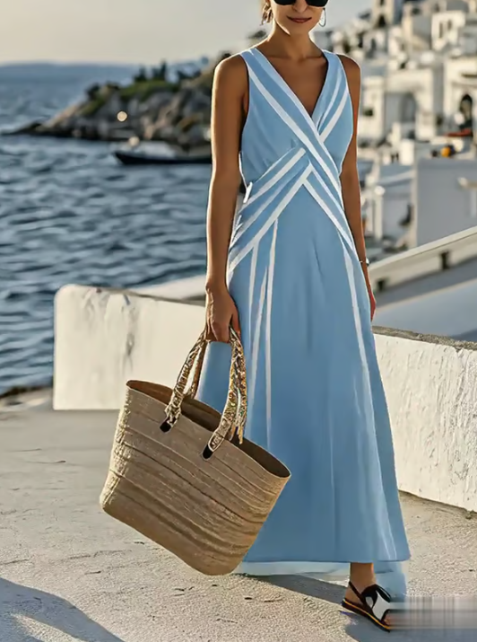 Robe longue femme col V sans manches taille croisée rayures contrastées