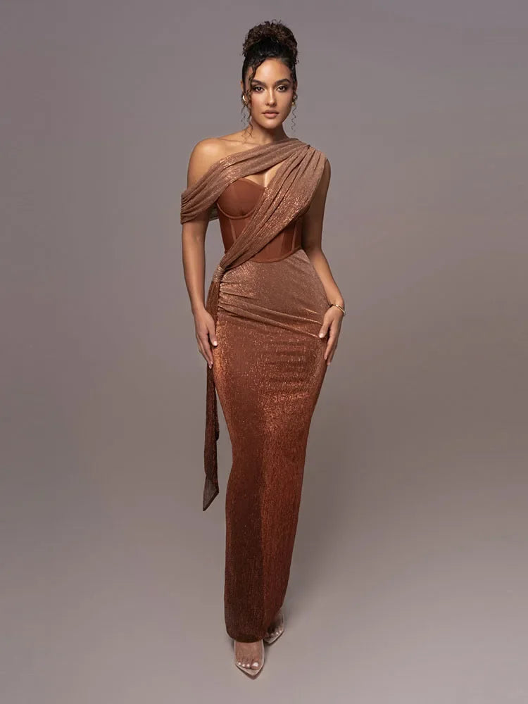 Robe de soirée longue femme moulante asymétrique drapée effet brillant corset