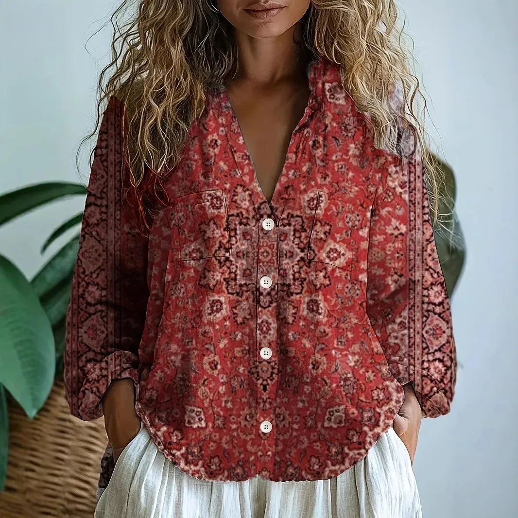 Blouse femme imprimée col V manches longues boutonnée style bohème décontracté