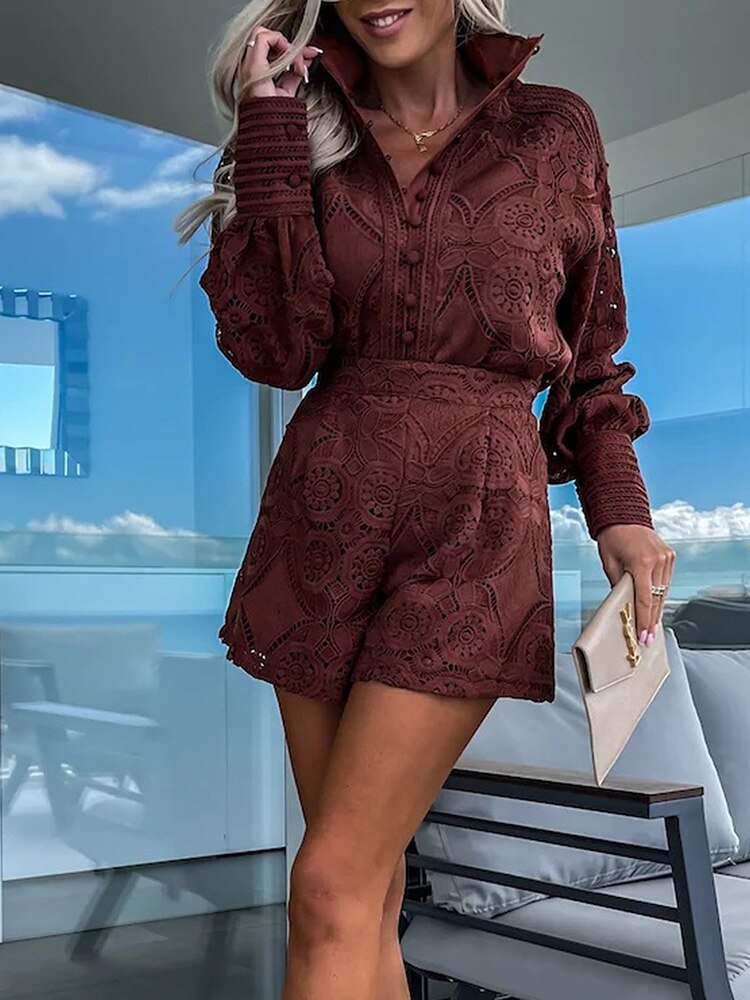 Ensemble femme dentelle blouse manches longues short taille haute ajouré