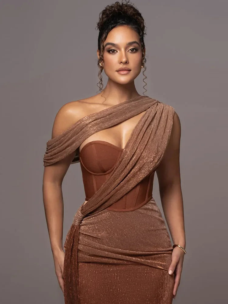 Robe de soirée longue femme moulante asymétrique drapée effet brillant corset