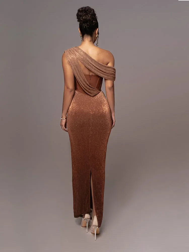 Robe de soirée longue femme moulante asymétrique drapée effet brillant corset