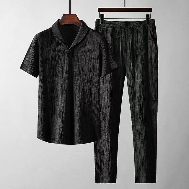Ensemble homme 2 pièces col châle manches courtes pantalon élastique été