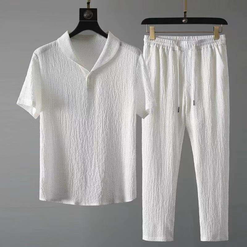 Ensemble homme 2 pièces col châle manches courtes pantalon élastique été