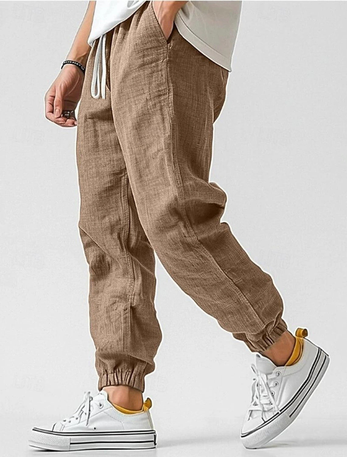 Pantalon jogger homme en lin mélangé taille élastique cordon de serrage léger
